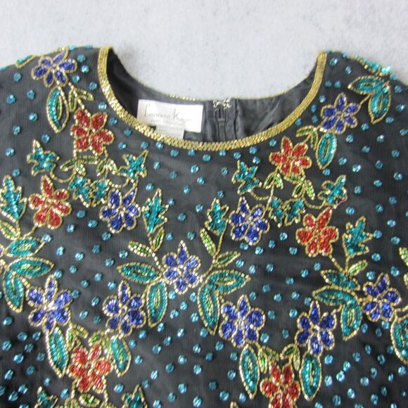 Lawrence Kazar Top Adult Women Beaded Floral  Short Sleeve Blouse Silk 2X Plus - Picture 2 of 16